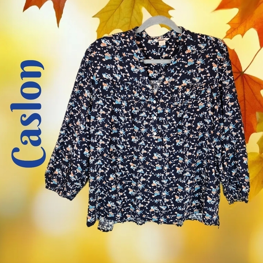 Caslon Women Blue Popover Top Sz L Floral Elastic Wrist Peasant 1/4 Button Front
